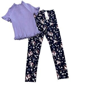 Girls 7 Janie and Jack Purple Ruffle Sleeve Ribbed Knit Top & Floral Ponte Pants